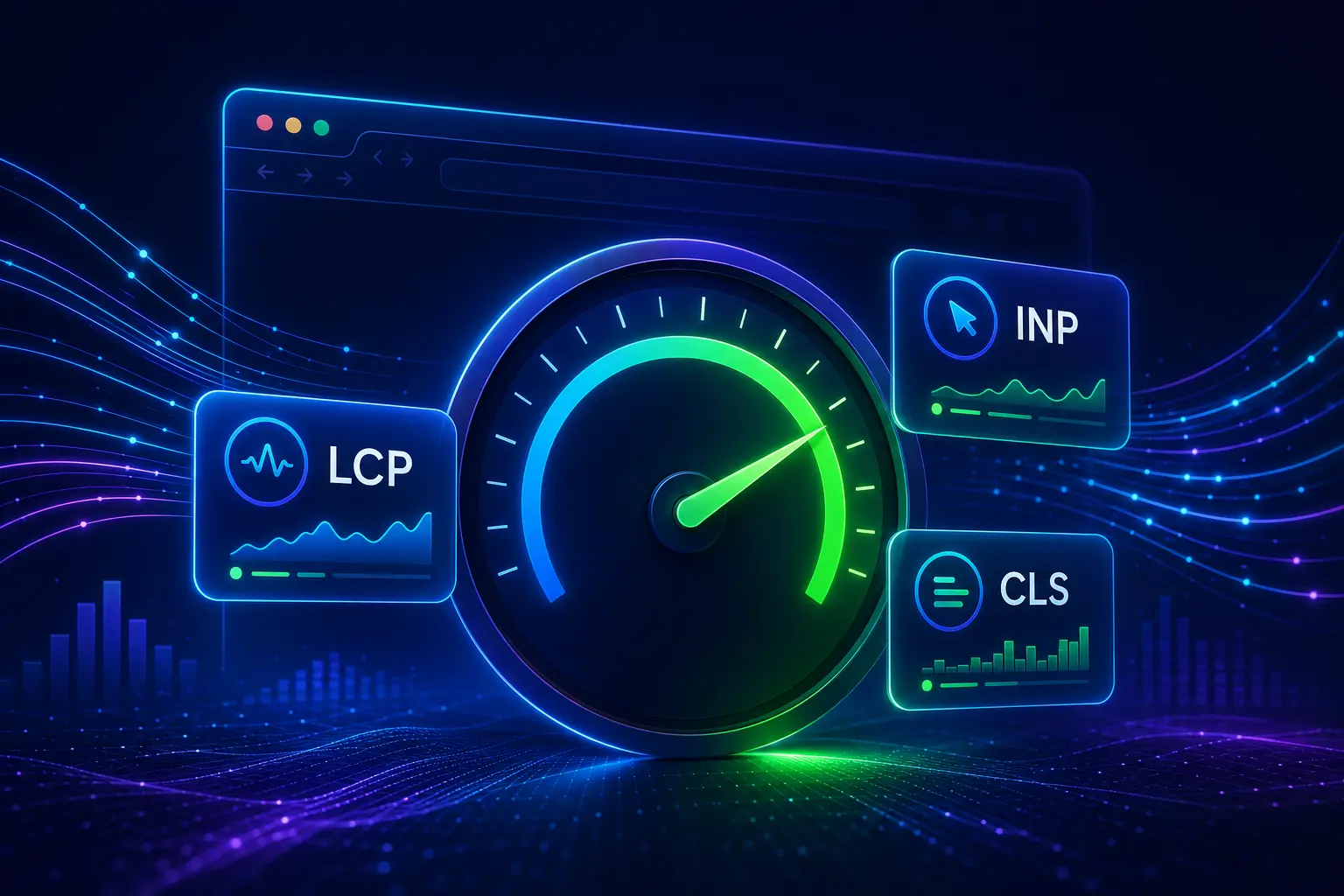 LCP, INP and CLS metric gauges representing Core Web Vitals performance scores in 2026