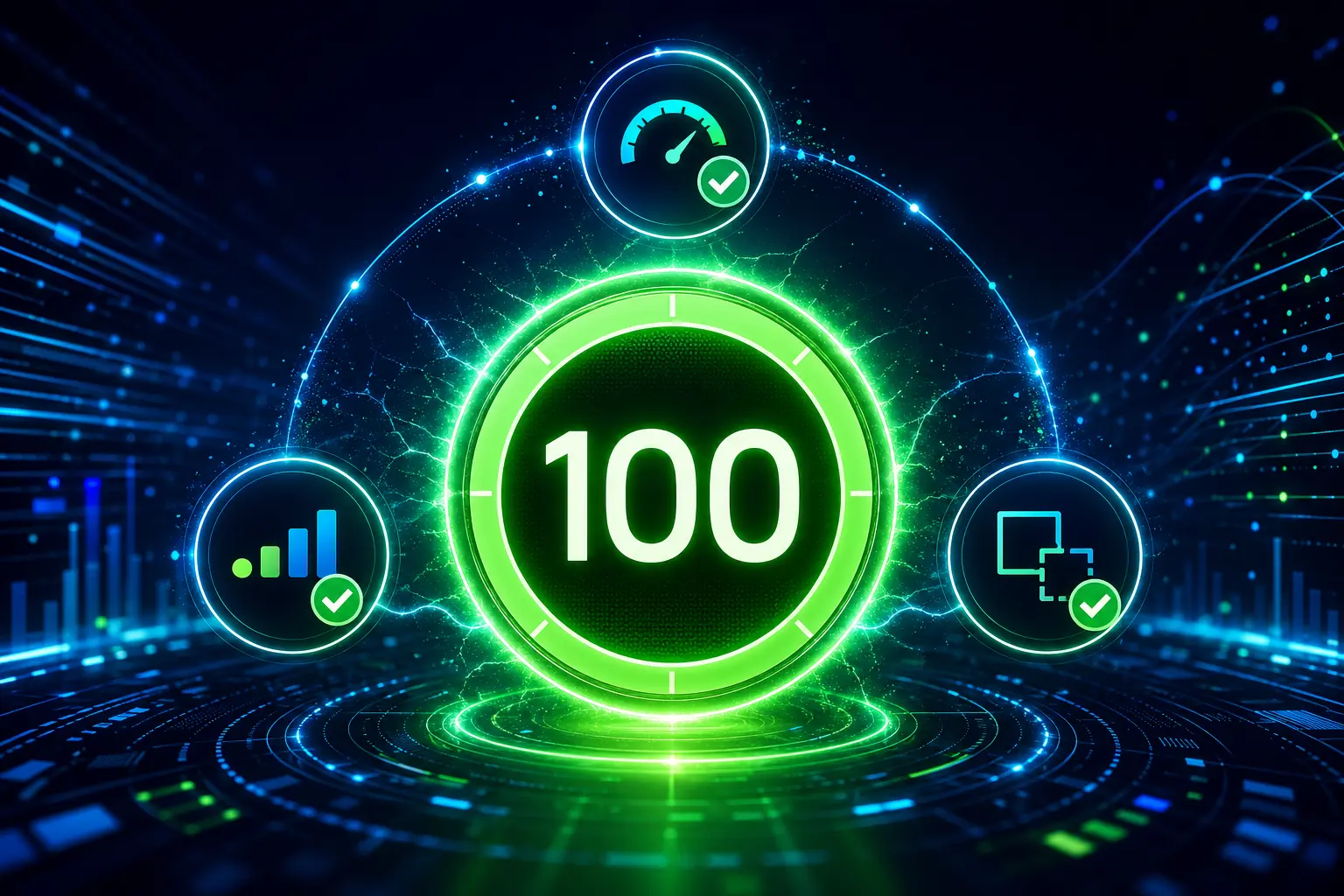 LCP, INP and CLS metric gauges representing Core Web Vitals performance scores