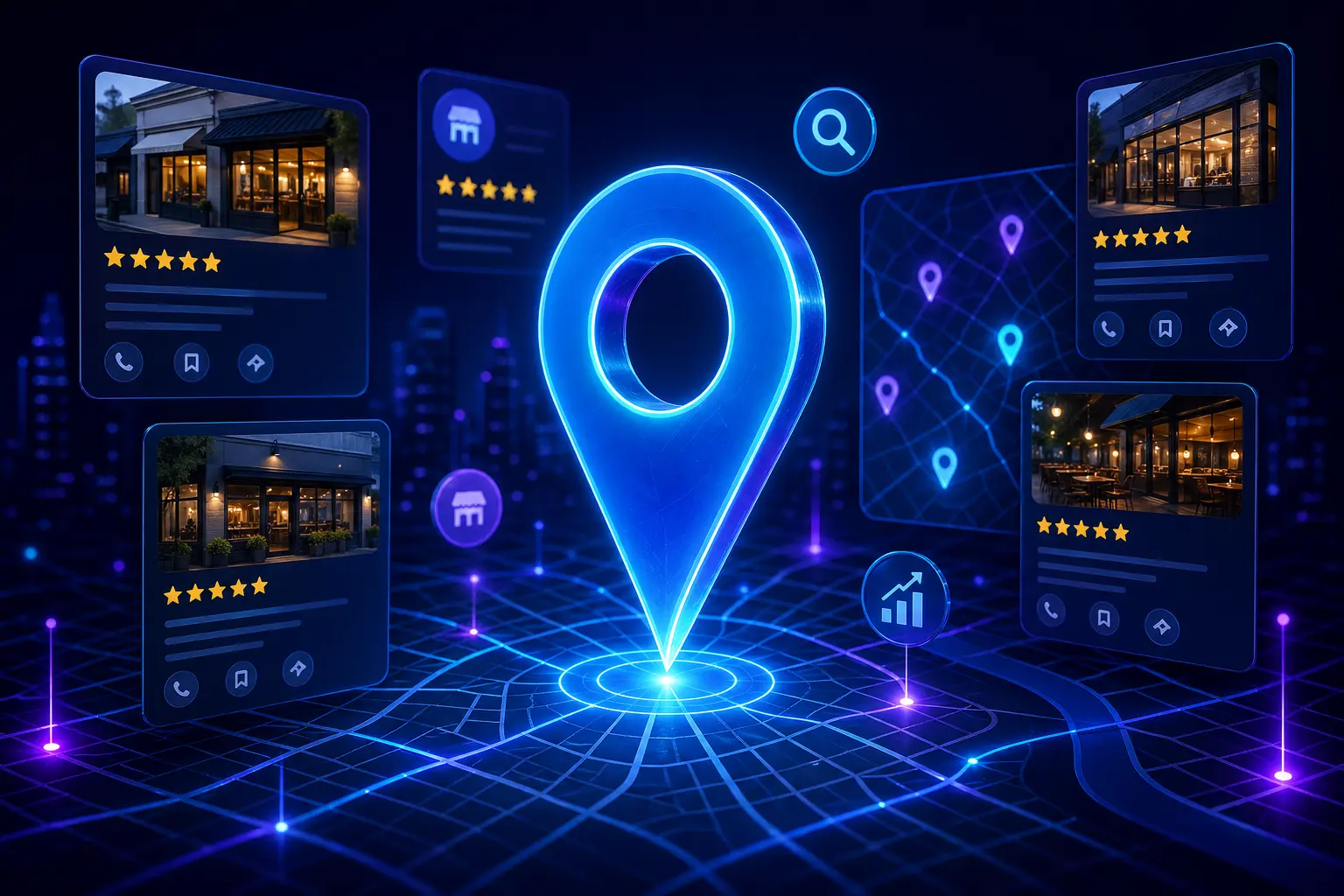 Map pins and Google Business Profile cards representing local SEO for small businesses